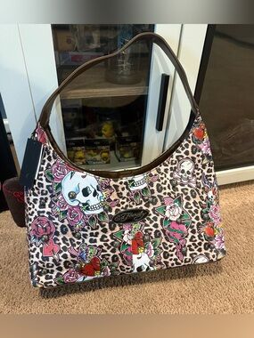 Ed Hardy Brown-Trim Pink Leopard Skull & Rose Shoulder Bag
